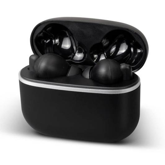 A pair of black wireless earbuds in a sleek black charging case, featuring a minimalistic design and branding.