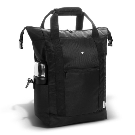 A black cooler toting backpack with a front pocket and a side bottle holder. It features sturdy handles and a logo.