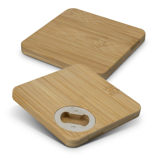 A drink bottle opener coaster set of 2, featuring square bamboo coasters with a metal bottle opener.