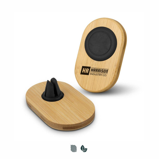 A bamboo car phone holder featuring a black rubber grip and a logo, showcasing a sleek, natural design.
