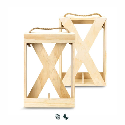 A wooden wine crate with a natural finish, featuring an X-shaped design and a rope handle for easy carrying.