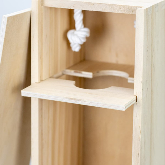 A wooden wine gift box featuring a shelf and a rope handle, showcasing natural wood tones.