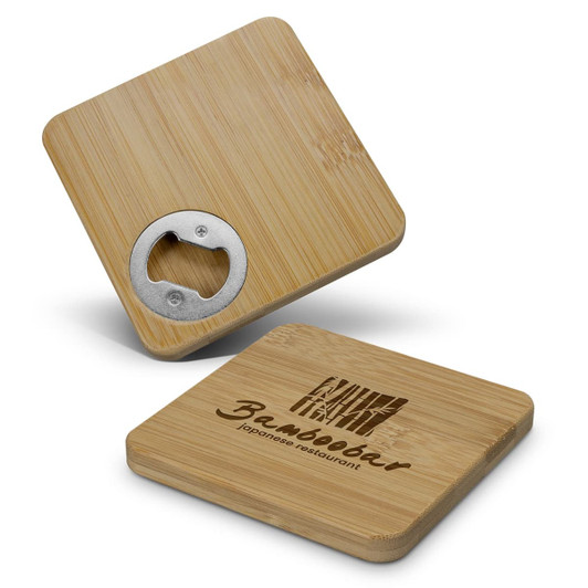 A drink bottle opener coaster in square shape, made from light bamboo with a silver opener and a logo.