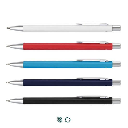 Five metal pens in white, red, blue, navy, and black, each featuring a silver clip and branding.