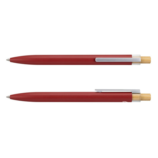 A metal pen in red with a wooden accent and a silver clip, featuring a sleek design.