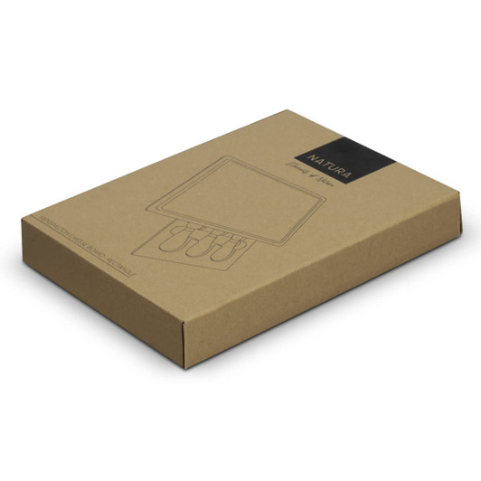 A rectangular cheese board packaged in a plain brown box, featuring a logo and simple design.