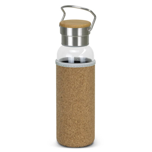A drink bottle with a cork sleeve, clear glass body, and metal lid featuring a handle.