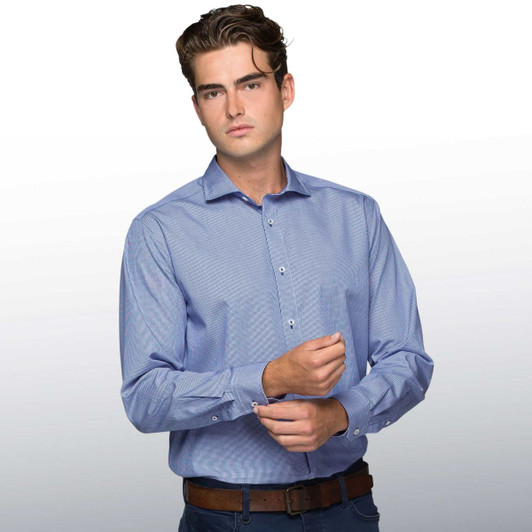 A blue, button-up shirt with a checked pattern and a logo on the chest, featuring long sleeves and a classic collar.
