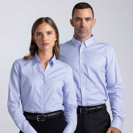 A blue and white check shirt for men, featuring a button-up design. The model also wears a similar shirt.