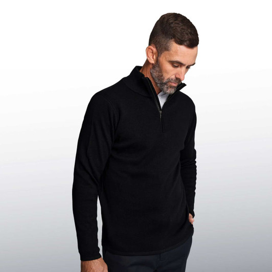 A black zip-up men's shirt with long sleeves, featuring a high collar and a subtle logo.