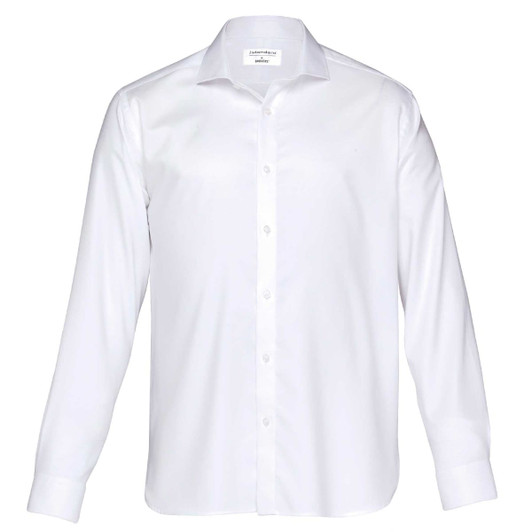 A white button-up shirt featuring long sleeves and a collar, with a logo on the label.
