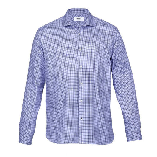 A men's button-up shirt featuring a purple and white check pattern, crafted from breathable fabric, with a collar and logo.