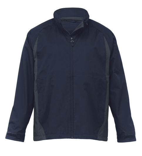 A navy jacket featuring a zip front and contrast panels, with a logo on the chest area.