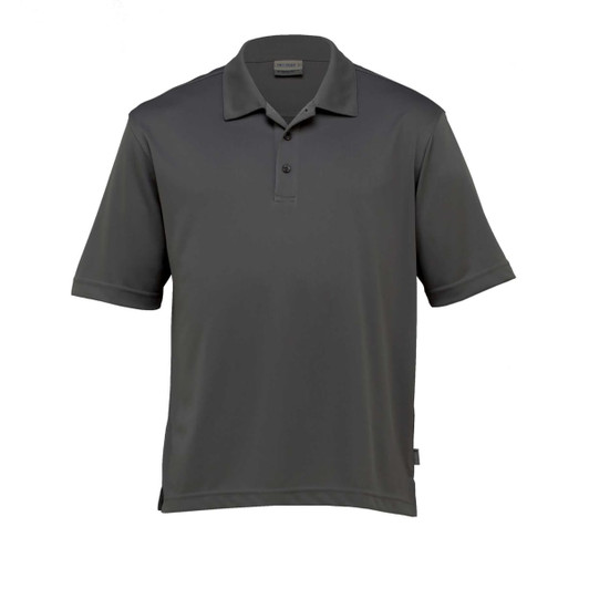A men's polo shirt in dark grey, featuring a collar, buttons, and a small logo.