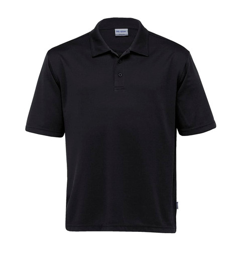 A black men's polo shirt with a classic collar and short sleeves, featuring a logo.