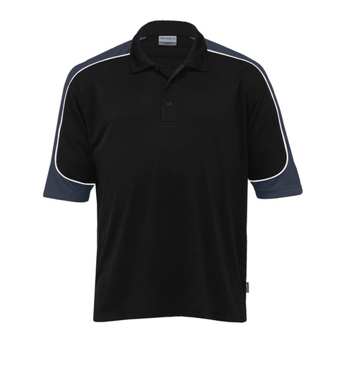 A black polo shirt with short sleeves and grey accents, featuring a logo on the front.
