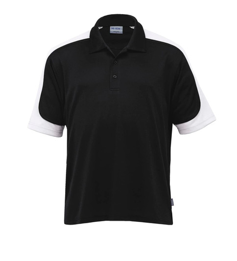 A black polo shirt with white sleeves and a collar, featuring a logo on the chest.