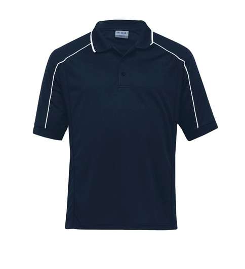 A navy blue men's polo shirt with white accent lines and a collar. It features a branded logo.