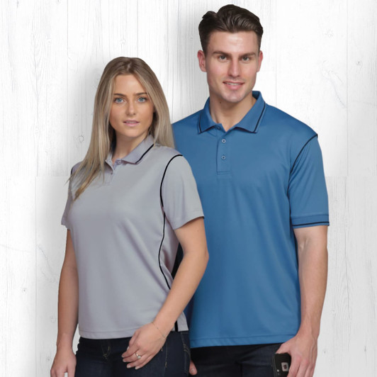 Two models wearing polo shirts in grey and blue, featuring a logo on the chest area.
