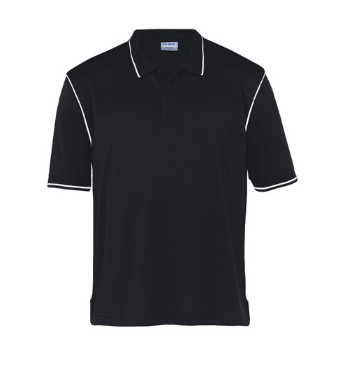A black polo shirt with white piping, featuring a collar and short sleeves. It has a logo on the chest.