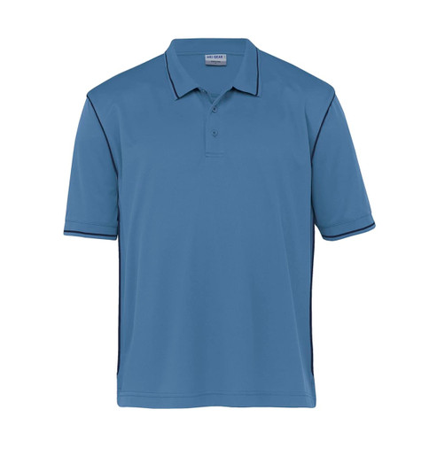 A men's polo shirt in a light blue colour with contrasting dark side panels and a logo on the chest.