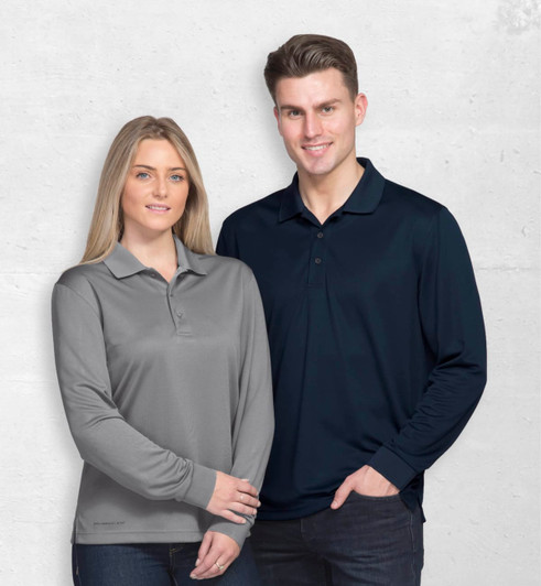 A grey long sleeve polo shirt on a woman and a navy long sleeve polo shirt on a man. Both feature branding.