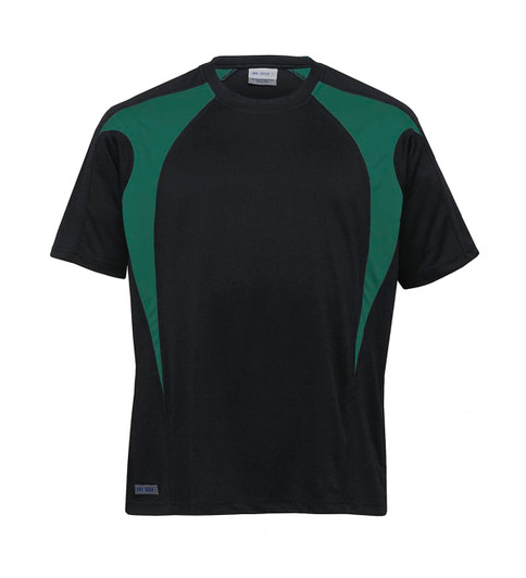 A black T-shirt featuring green spliced accents and a logo. Designed for casual or athletic wear.