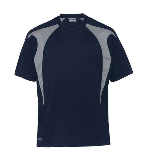 A navy blue t-shirt with grey spliced accents and a logo on the front. Short-sleeved design.
