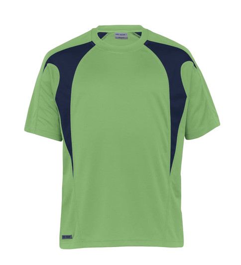 A green and navy spliced T-shirt with short sleeves, featuring a logo on the front.