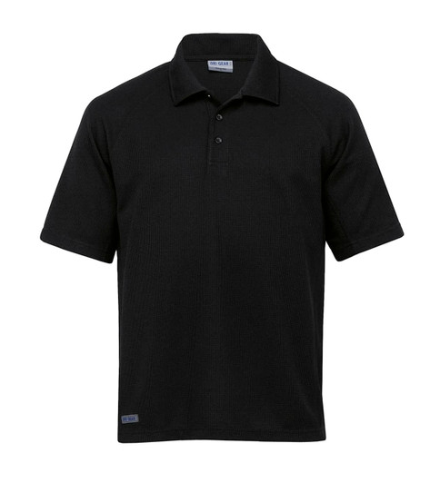 A black polo shirt with short sleeves and a collar, featuring a logo.