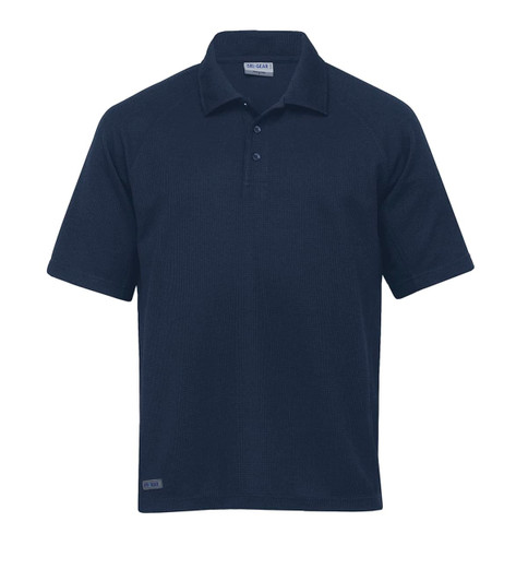 A navy polo shirt featuring short sleeves and a collar, with a logo on the side.