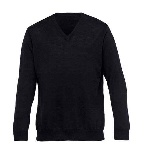 A black merino wool detailed Vee pullover for men, featuring long sleeves and a V-neck design.