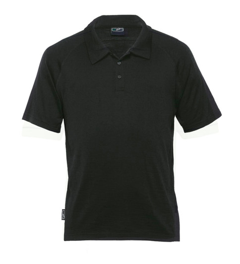 Merino short sleeve polo in black with contrasting light-coloured sleeves, featuring a logo on the chest.