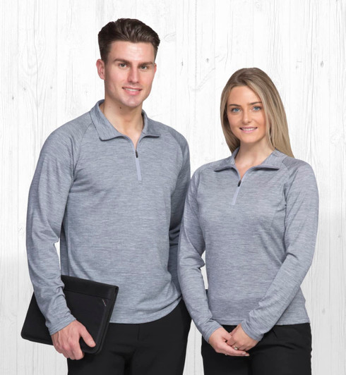 A grey Merino zip pullover for men and women, featuring a zip neck and long sleeves. The image includes a logo.