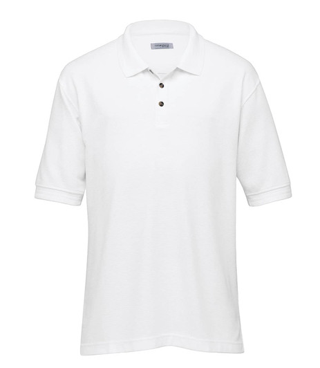 A white Jacquard Ottoman Balmoral polo shirt for men with a three-button placket and short sleeves. It has a logo.