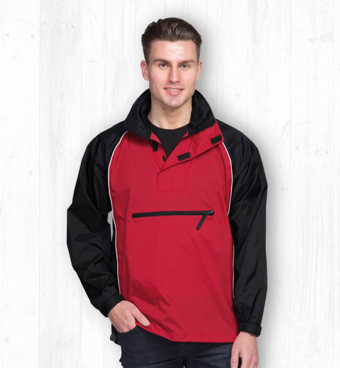 A red and black nylon jacket with a zippered pocket and a stand-up collar, featuring a logo.