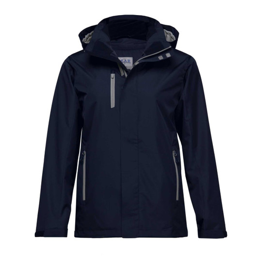 A navy soft shell jacket with a hood, featuring zippered pockets and reflective detailing. It has a logo on the chest.
