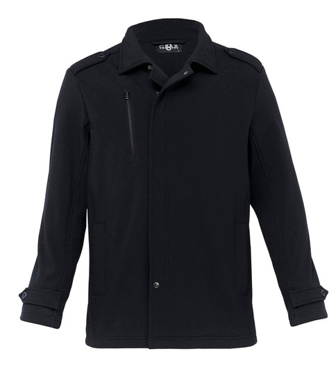 A men's soft shell jacket in black with a collar and multiple pockets. It features a logo on the front.