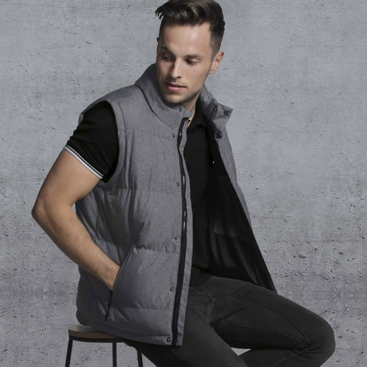 A grey puffa vest with a high collar, featuring side pockets and a buttoned front.