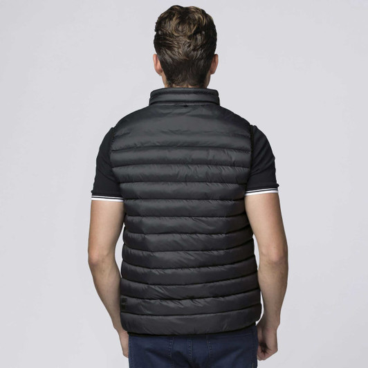 A black padded vest with a high collar, featuring horizontal stitching and a logo on the back.