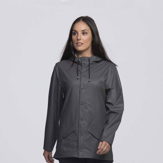 A grey rain jacket for women featuring a hood and front buttons, with a branded logo on it.