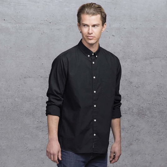 A black button-up shirt with long sleeves, featuring a collar and a logo on the chest.
