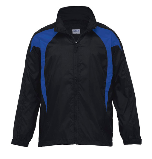 A black jacket with blue spliced panels, featuring a front zip and a logo.