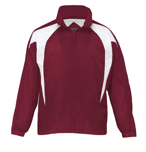 A maroon jacket with white spliced panels and a high collar. It features elastic cuffs and has a logo.