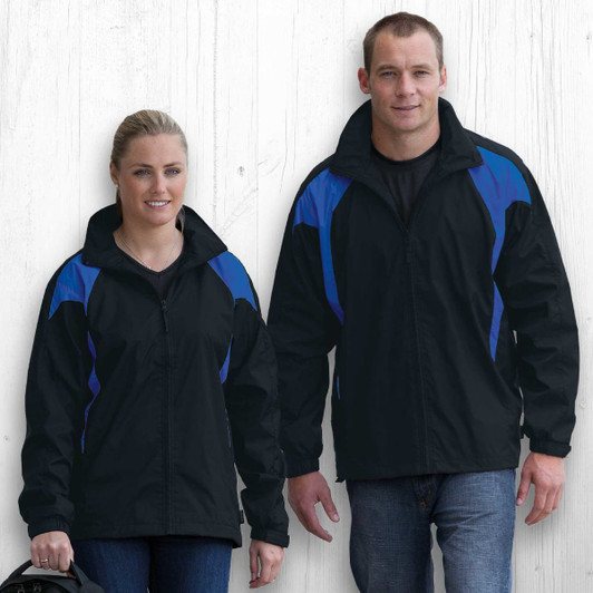 A black rain jacket featuring blue accents, displayed on both a male and female model. The jacket includes a logo.