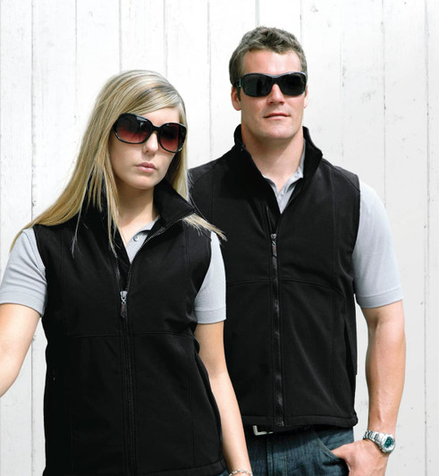 A black soft shell vest for men and women, featuring a zip closure and a logo.