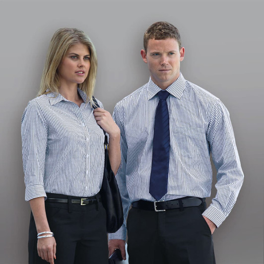 A check-patterned button-up shirt for men in blue and white, worn with a tie and dress pants. Includes a logo.