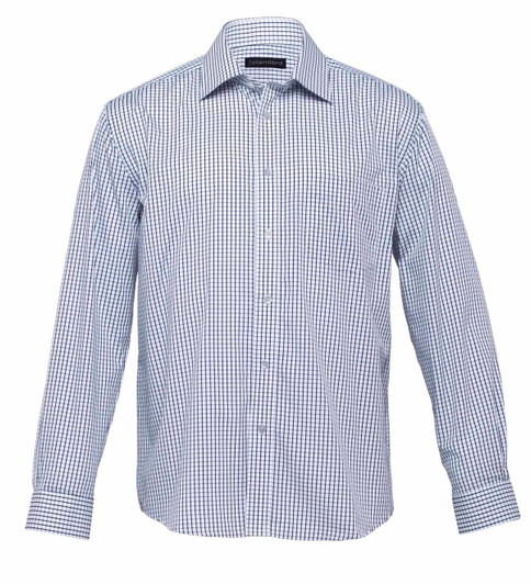 A button-up men's shirt featuring a blue and white check pattern, with long sleeves and a collar.