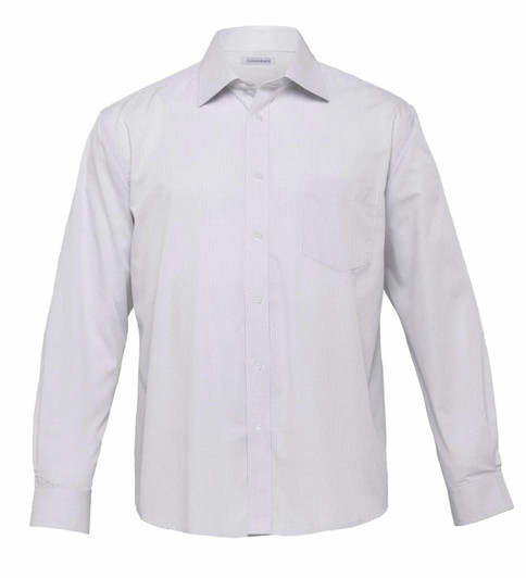A men's button-up shirt in white with subtle stripes, featuring a chest pocket and an adjustable collar.