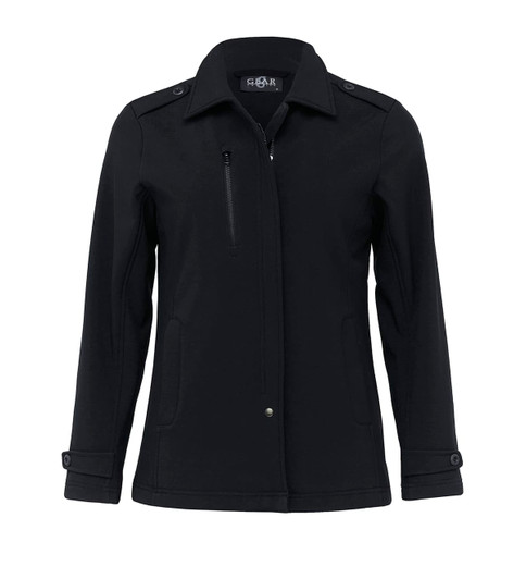 A black women's soft shell jacket with a zippered pocket and buttoned cuffs, featuring a branded logo.